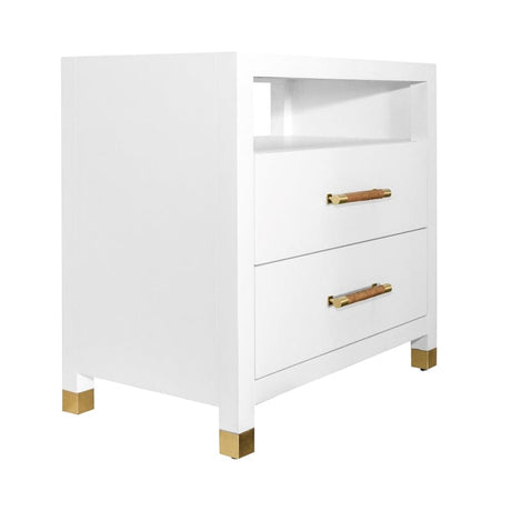 Hancock TWO DRAWER SIDE TABLE WITH RATTAN WRAPPED HANDLES IN MATTE WHITE LACQUER - Side