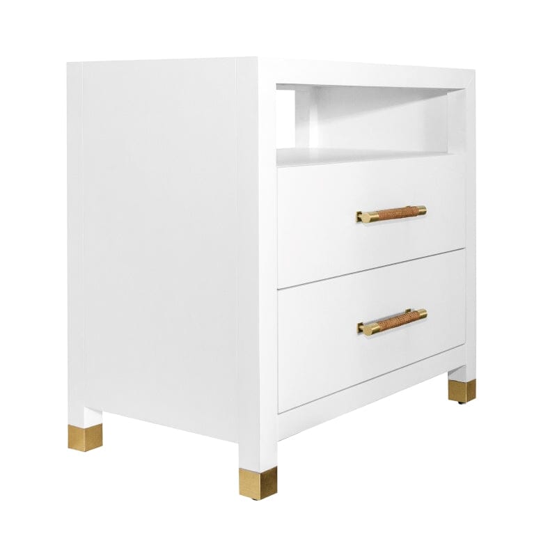 Hancock TWO DRAWER SIDE TABLE WITH RATTAN WRAPPED HANDLES IN MATTE WHITE LACQUER - Front