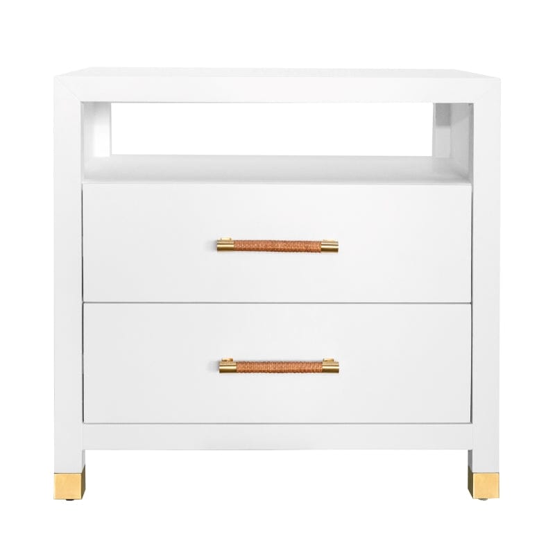 Hancock TWO DRAWER SIDE TABLE WITH RATTAN WRAPPED HANDLES IN MATTE WHITE LACQUER - Front
