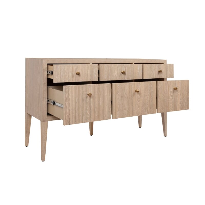 Palmer FLUTED SIX DRAWER BUFFET WITH BRASS KNOBS IN CERUSED OAK - Side Open - Fig Linens and Home