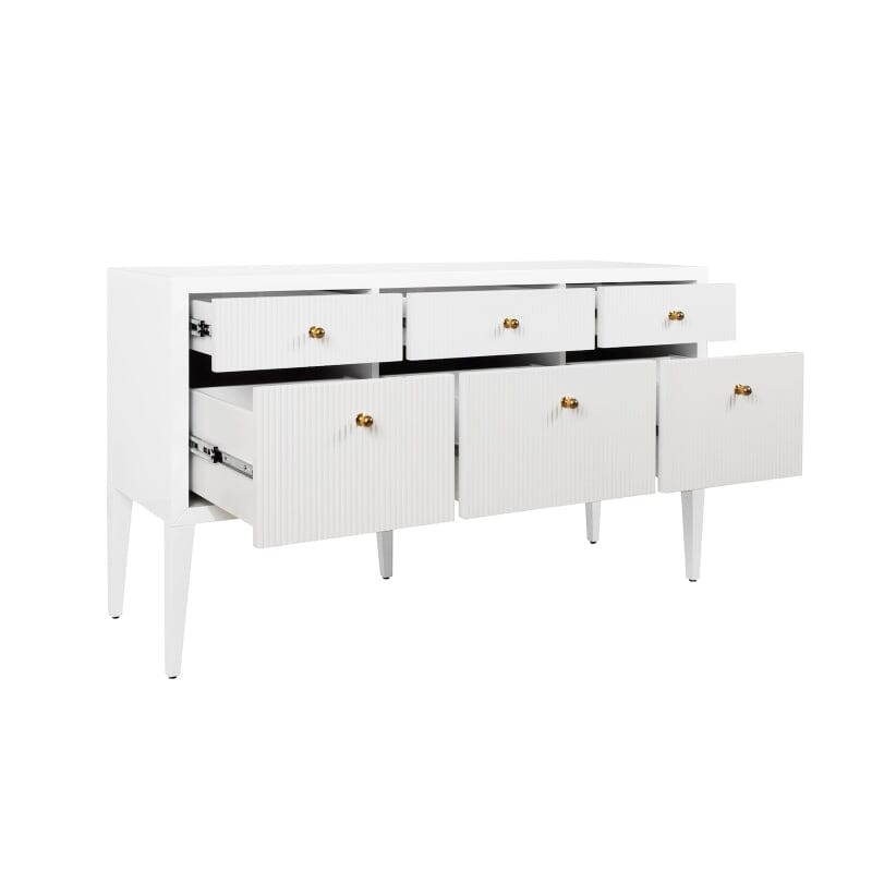 Palmer FLUTED SIX DRAWER BUFFET WITH BRASS KNOBS IN GLOSSY WHITE LACQUER - Open