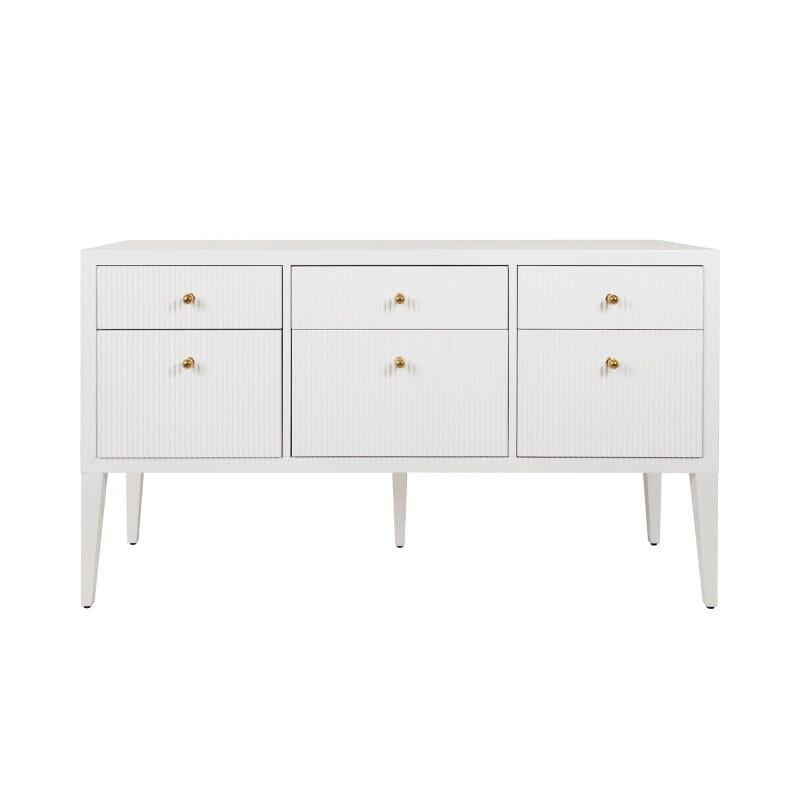 Palmer FLUTED SIX DRAWER BUFFET WITH BRASS KNOBS IN GLOSSY WHITE LACQUER - Front