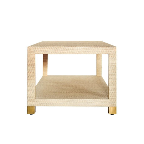 Patricia COFFEE TABLE WITH ANTIQUE BRASS FOOT CAPS IN NATURAL GRASSCLOTH - Side
