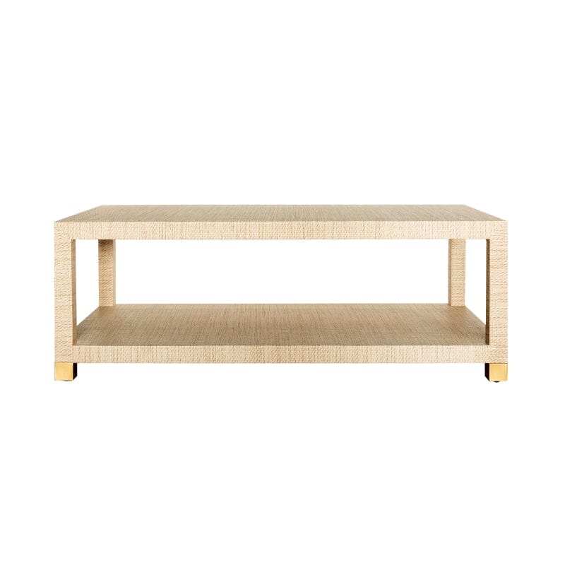 Patricia COFFEE TABLE WITH ANTIQUE BRASS FOOT CAPS IN NATURAL GRASSCLOTH - Front
