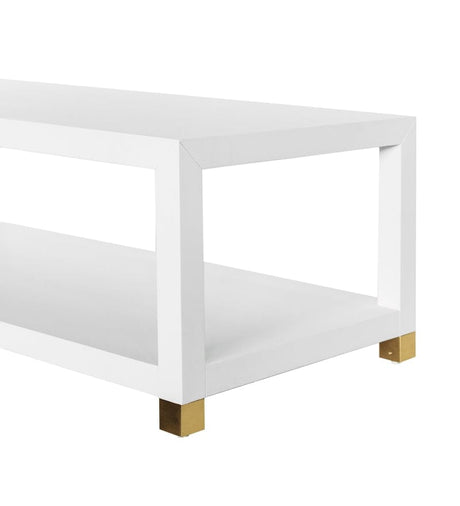 Patricia COFFEE TABLE WITH ANTIQUE BRASS FOOT CAPS IN MATTE WHITE LACQUER - Detail