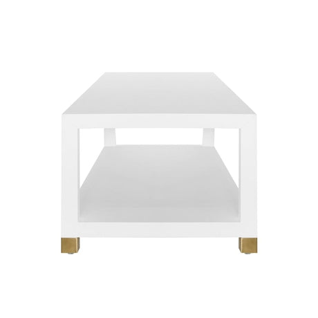 Patricia COFFEE TABLE WITH ANTIQUE BRASS FOOT CAPS IN MATTE WHITE LACQUER - Side