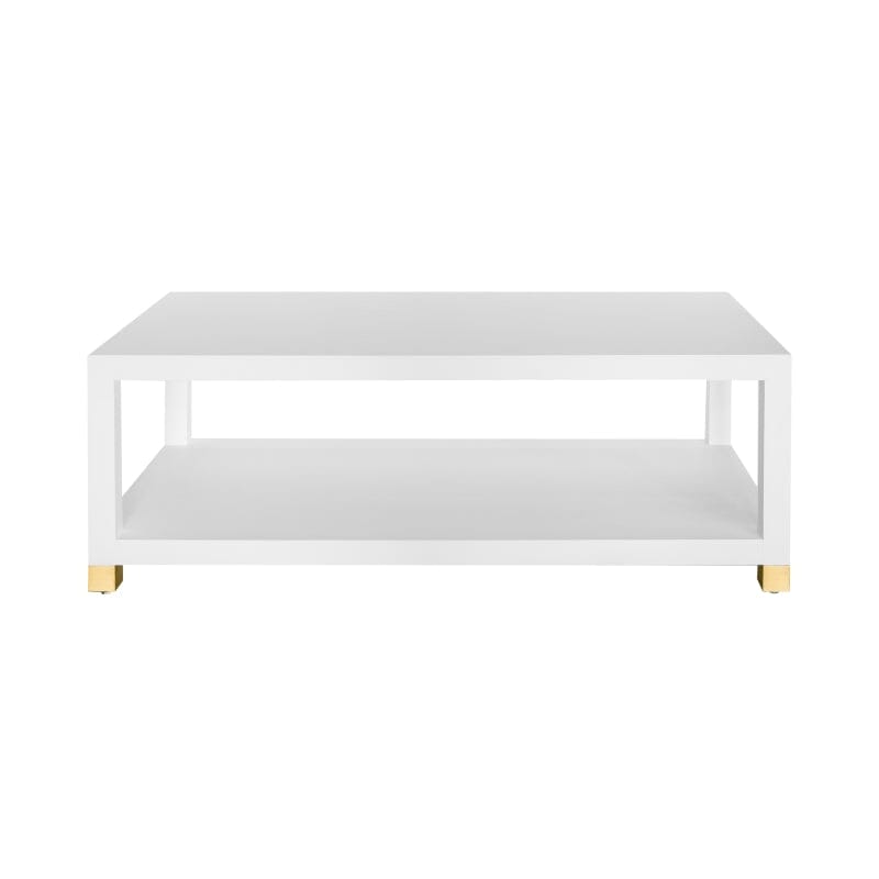 Patricia COFFEE TABLE WITH ANTIQUE BRASS FOOT CAPS IN MATTE WHITE LACQUER - Front