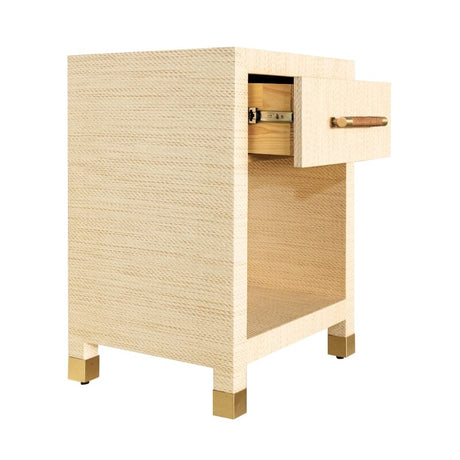 Pelham ONE DRAWER SIDE TABLE WITH RATTAN WRAPPED HANDLE IN NATURAL GRASSCLOTH - Open