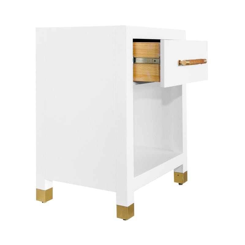 Pelham ONE DRAWER SIDE TABLE WITH RATTAN WRAPPED HANDLE IN MATTE WHITE LACQUER - Open drawer