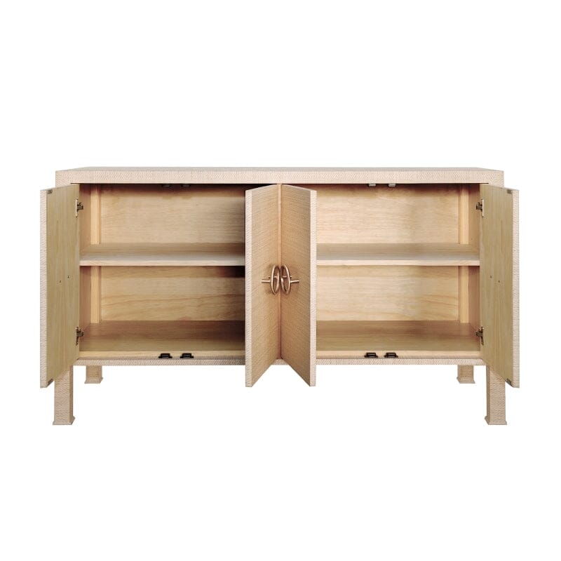 Rue Natural Grasscloth Buffet Table with 4 Doors by Worlds Away - Open Doors 1