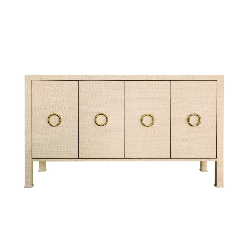 Rue FOUR DOOR BUFFET WITH ANTIQUE BRASS CIRCLE HARDWARE IN NATURAL GRASSCLOTH - Front