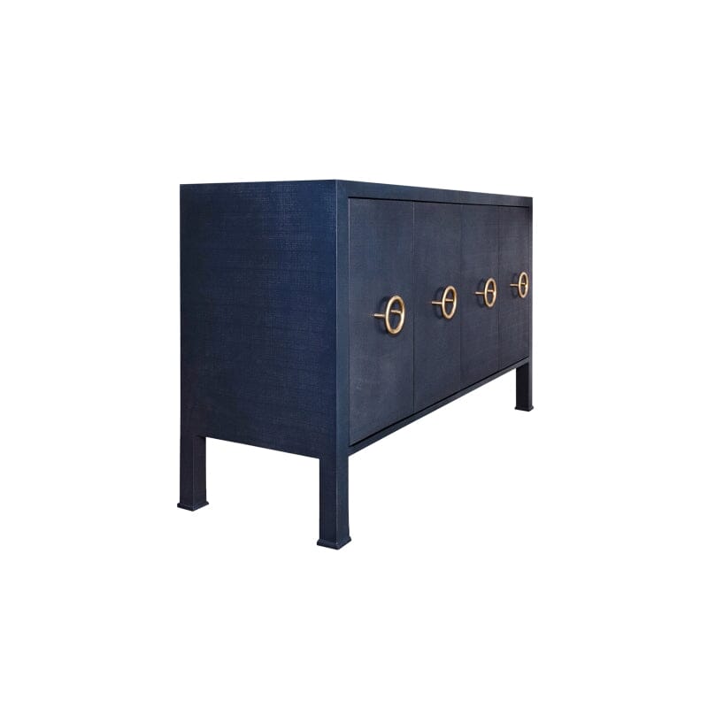 Rue FOUR DOOR BUFFET WITH ANTIQUE BRASS CIRCLE HARDWARE IN TEXTURED NAVY LINEN - Angle