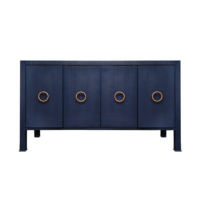 Rue FOUR DOOR BUFFET WITH ANTIQUE BRASS CIRCLE HARDWARE IN TEXTURED NAVY LINEN - Front