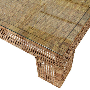 Rattan Table | Worlds Away Charlie Coffee Table Corner View with Glass