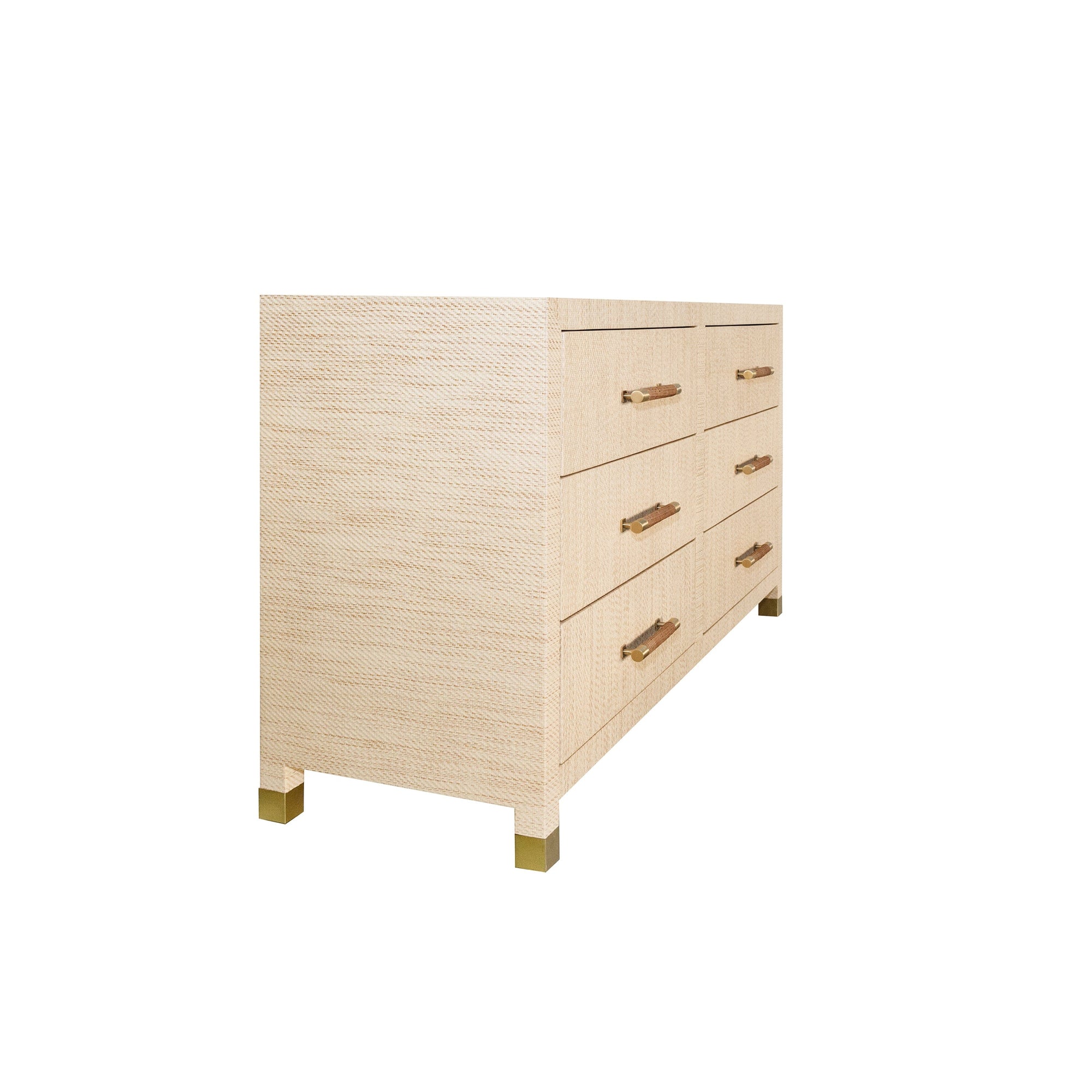 Angle View of Winchester Natural Six Drawer Chest by Worlds Away - Grasscloth Dresser