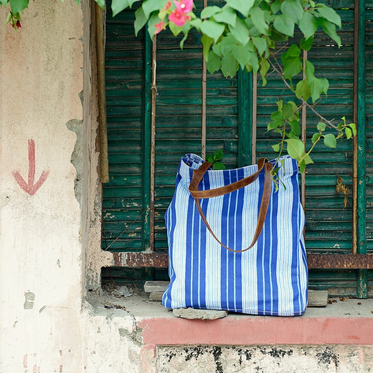 Vintage Stripe Tote Bag with Leather Straps by John Robshaw | Fig Linens