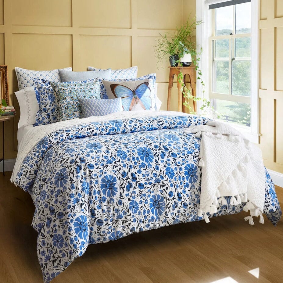 John Robshaw Organic Bedding - Zoya Azure Duvet Cover and Pillow Shams with Decorative Pillows