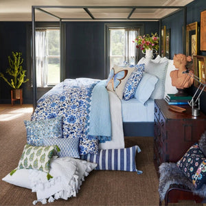 Organic Bedding - John Robshaw Zoya Azure Bed Linens with Butterfly Pillow and Cinde Indigo Sheets