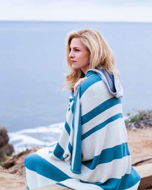 Malibu Wrap - Alicia Adams at Fig Linens - Celery and Teal - on Model
