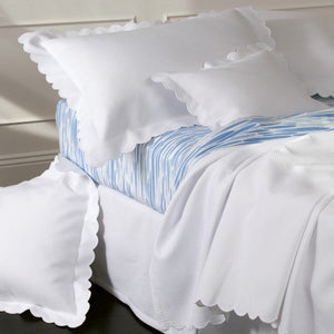 Matouk Diamond Pique Duvets - Fig Linens and Home Duvet Covers - White Bed with Shams & Blue Sheets
