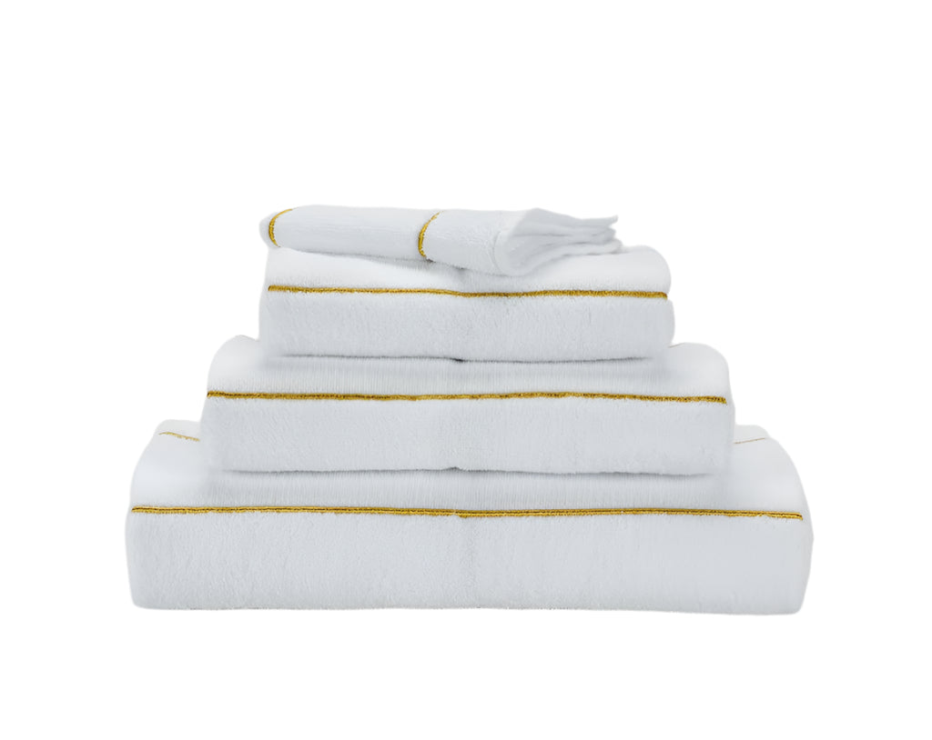 Fig Linens - Lara Bath Towels by Abyss & Habidecor - White and Gold Towels - Stack