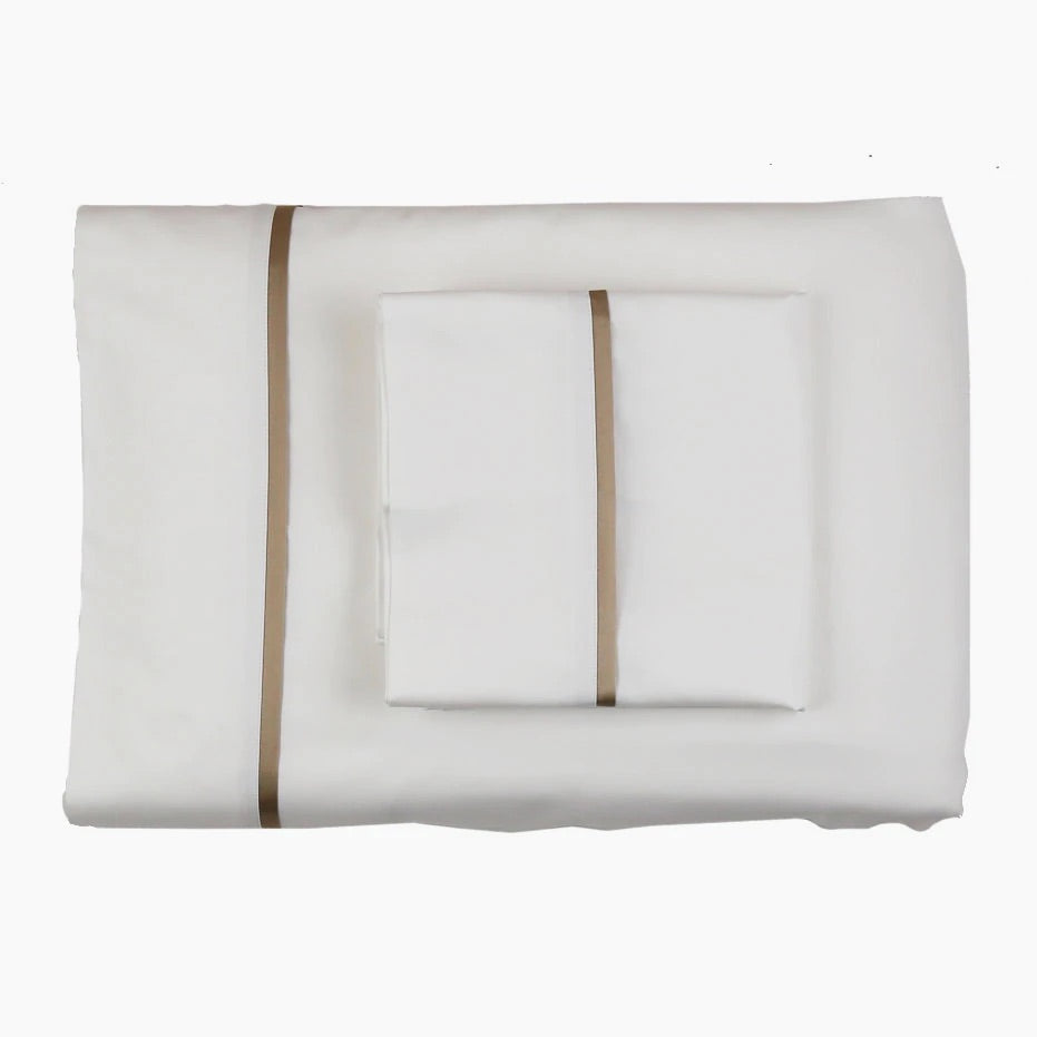 Ivory and Sand Cotton Sheet Sets with Charmeuse Trim by Ann Gish | Fig Linens