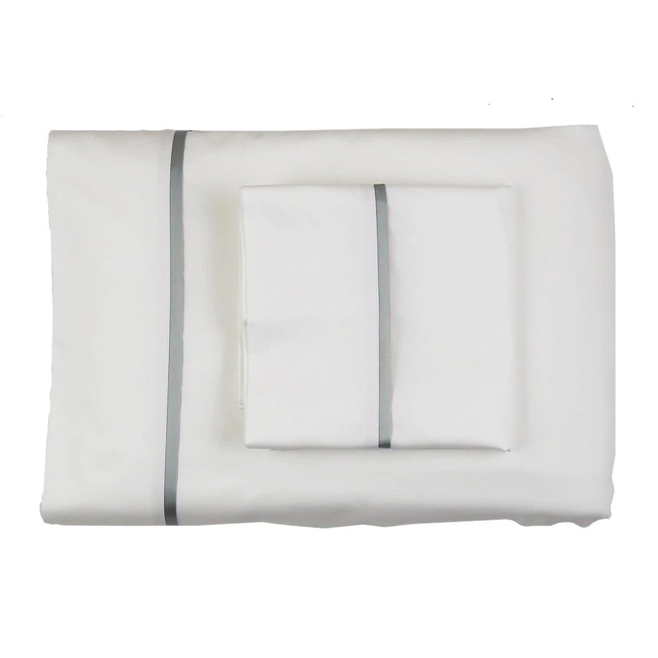 White and Frost Cotton Sheet Sets with Charmeuse Trim by Ann Gish | Fig Linens