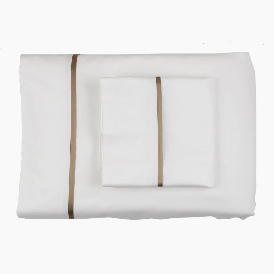 White and Sand Cotton Sheet Sets with Charmeuse Trim by Ann Gish | Fig Linens