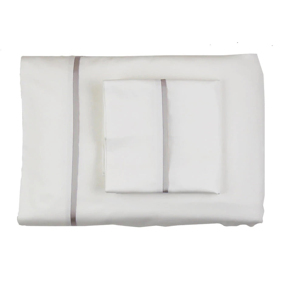 White and Silver Cotton Sheet Sets with Charmeuse Trim by Ann Gish | Fig Linens
