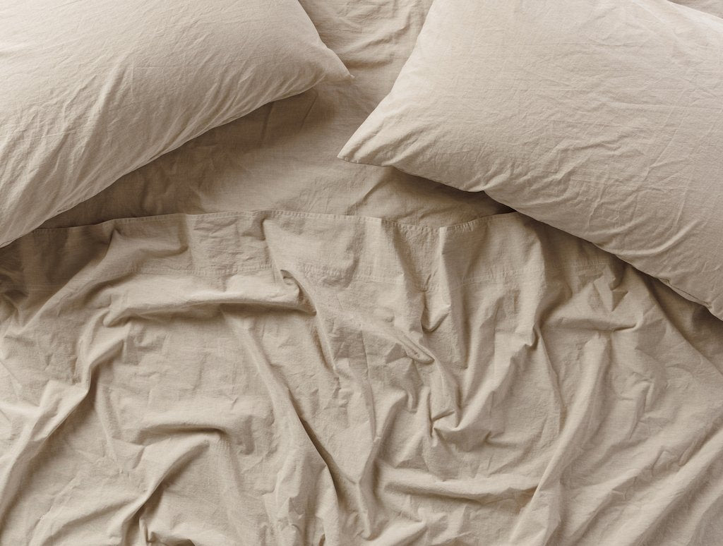 Coyuchi Hazel Chambray Organic Crinkled Percale Sheet Sets - Lifestyle at Fig Linens and Home