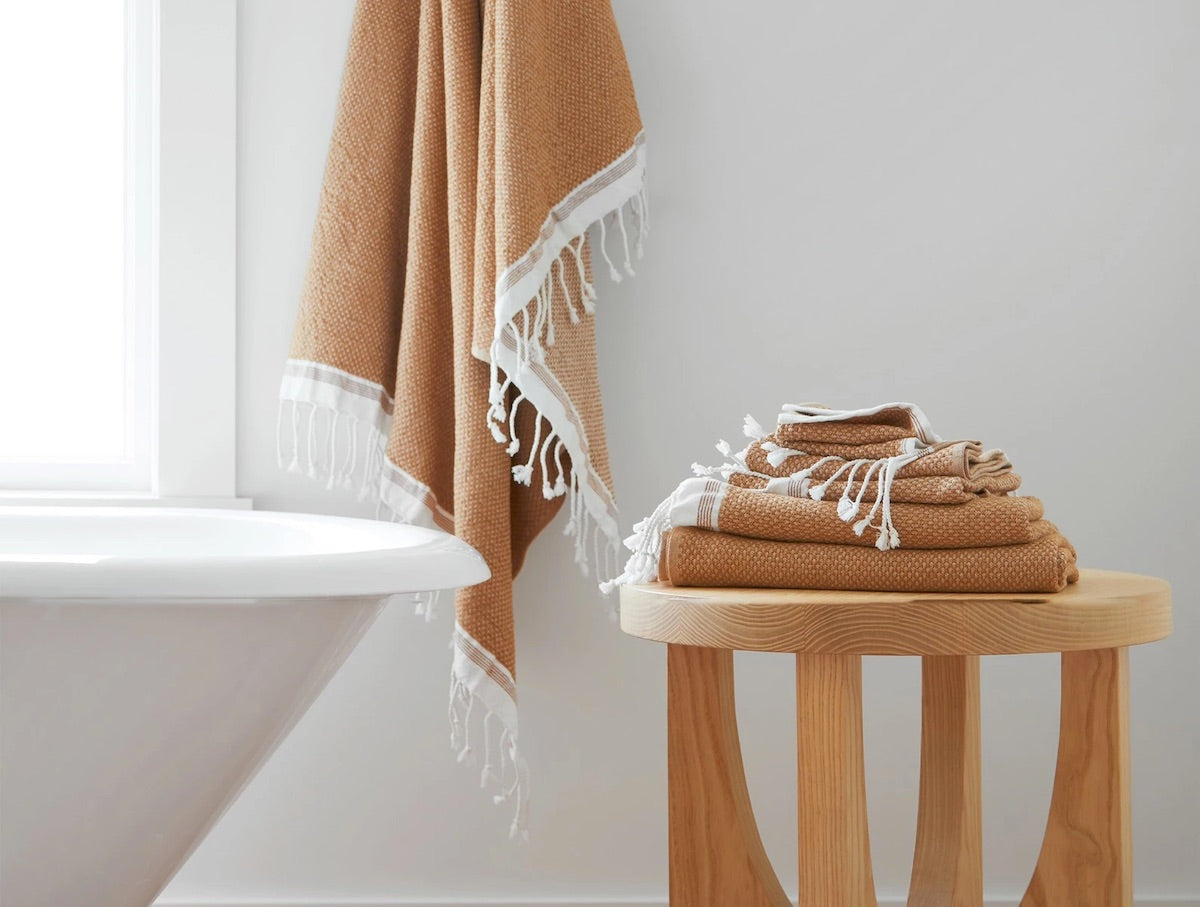 Lifestyle- Coyuchi Cotton and Rust Mediterranean Organic Bath Towels by Coyuchi | Fig Linens