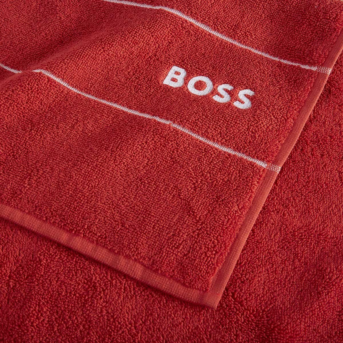 Closeup - Plain Red Bath Towels by Hugo Boss | Fig Linens