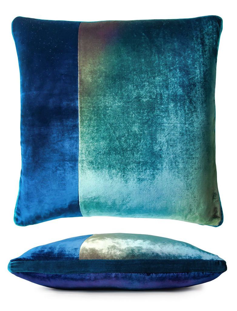 Fig Linens - Peacock Color Block Velvet Pillow by Kevin O'Brien Studio