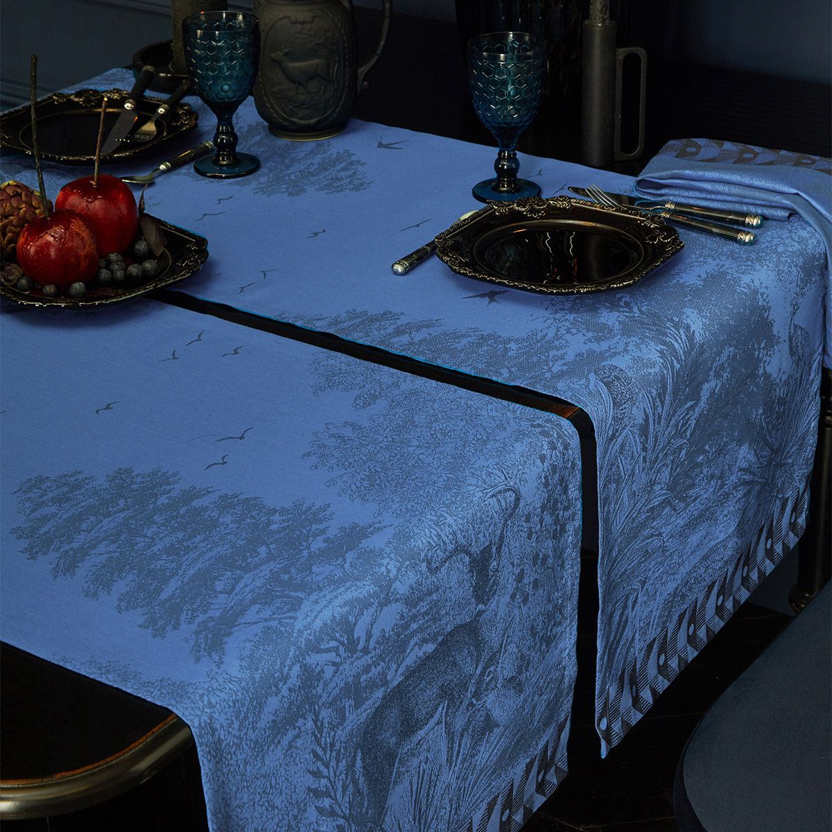 Fig Linens - Foret Enchantee Blue Table Runner by Le Jacquard Français