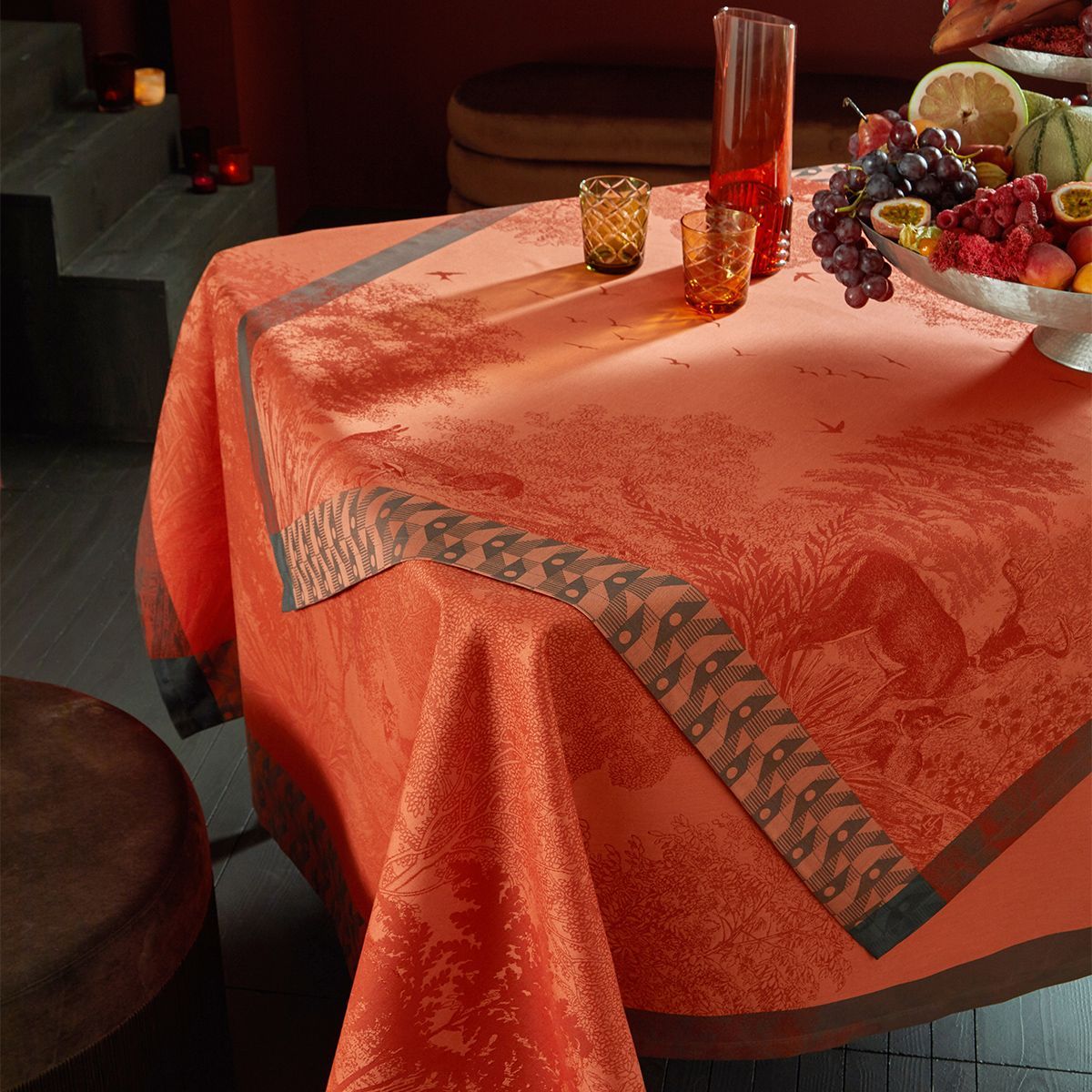 Fig Linens - Foret Enchantee Orange Table Linens by Le Jacquard Français - Close up