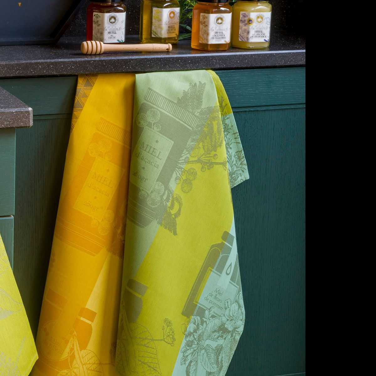 Miel en Pot Green Tea Towels by Le Jacquard Français | Fig Linens - Lifestyle shot