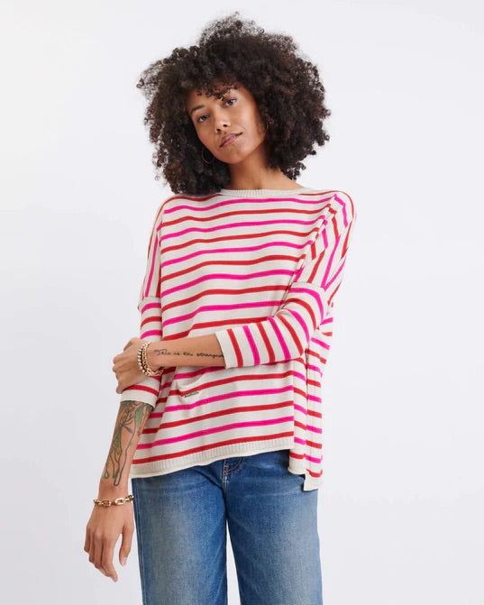 Front - Catalina Ecru, Poppy & Pink Striped Sweater by Mer Sea | Fig Linens