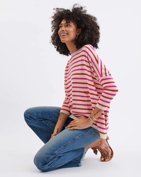 Front - Catalina Ecru, Poppy & Pink Striped Sweater by Mer Sea | Fig Linens