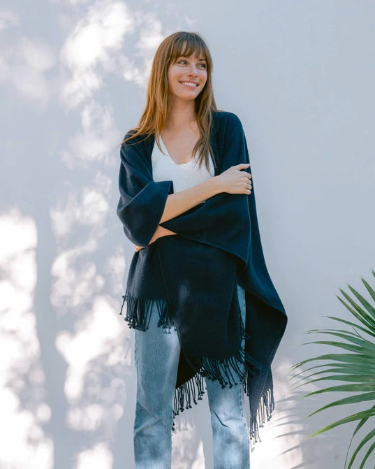 Classic Navy Travel Wrap with Fringe by Mer Sea | Fig Linens