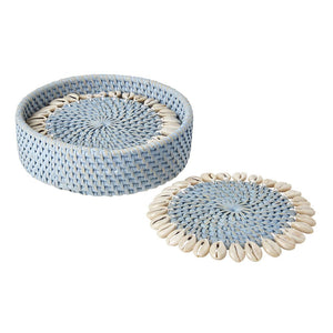 Light Blue Capiz Rattan & Seashell Coasters by Mode Living | Fig Linens