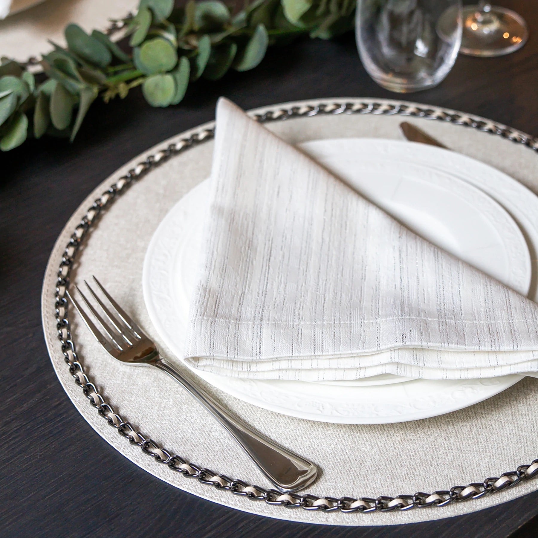 Vail White & Silver Table Linens by Mode Living | Fig Linens
