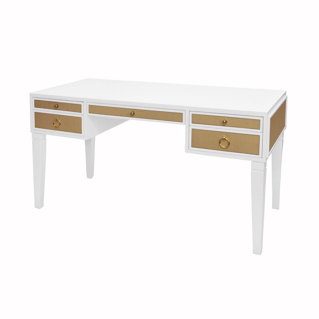 Worlds Away - Heidi White Lacquer &amp; Grasscloth Desk with Brass Hardware | Fig Linens