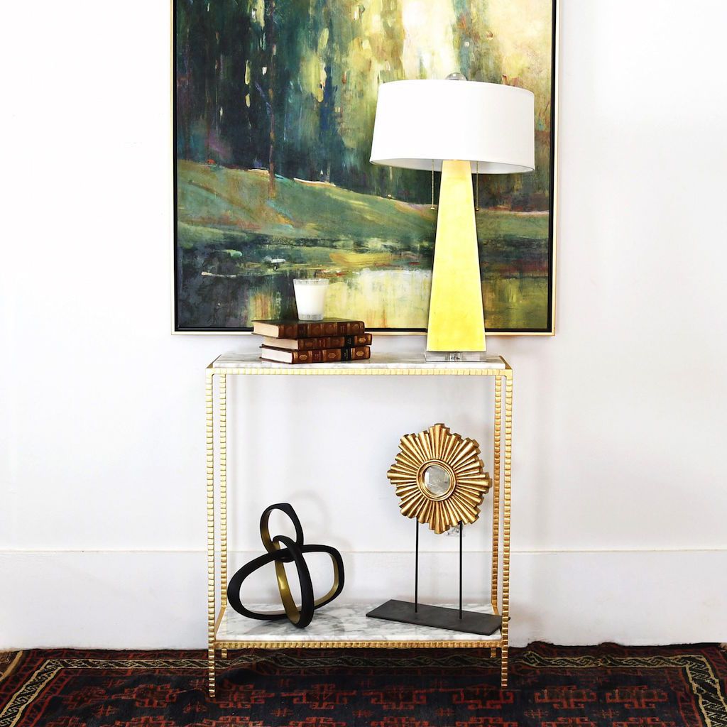 Fig Linens - Seton Hammered Gold Console with Marble Shelves - Lifestyle