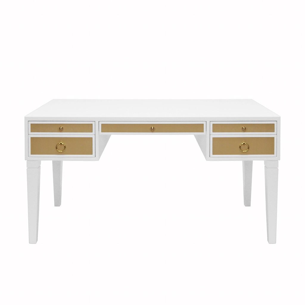 Fig Linens - Worlds Away Heidi White Lacquer & Grasscloth Desk with Brass Hardware - Front