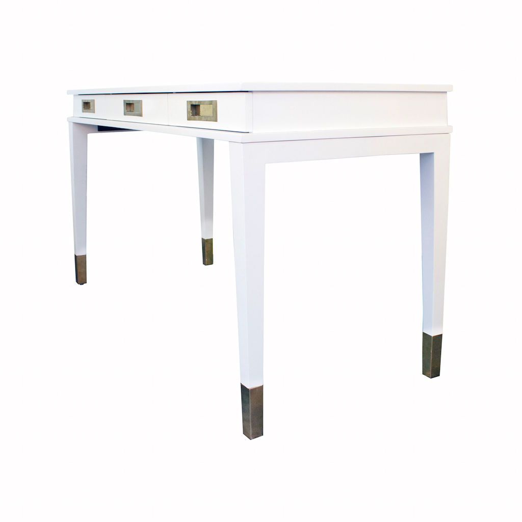 Fig Linens - Worlds Away Plato White Lacquer & Brass 3 Drawer Desk - Angle