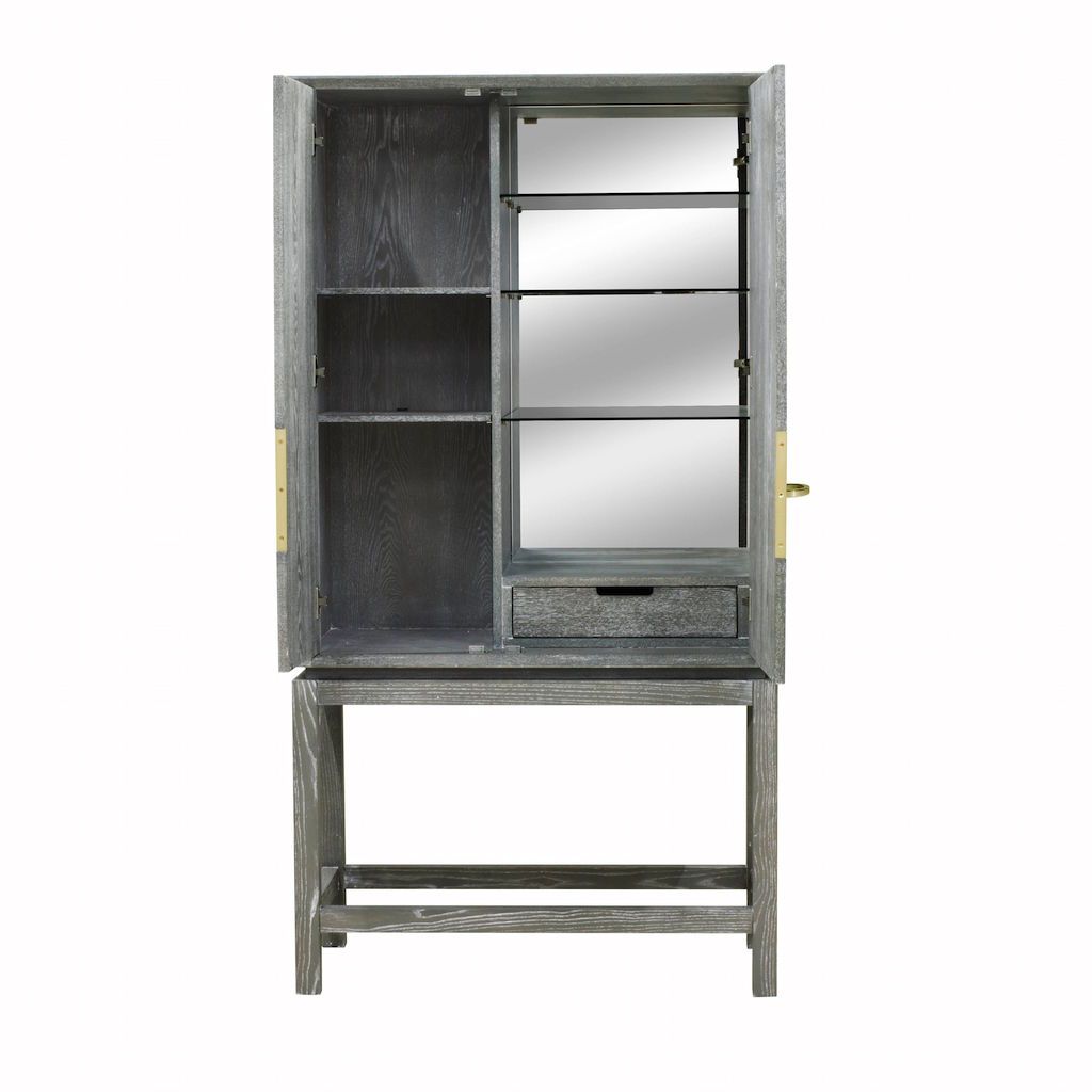 Fig Linens - Luna Grey Cerused Oak Bar Cabinet with Shelves and Drawer by Worlds Away