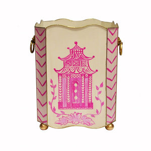 Fig Linens - Pink Pagoda Wastebasket with Gold Lion Handles | Fig Linens