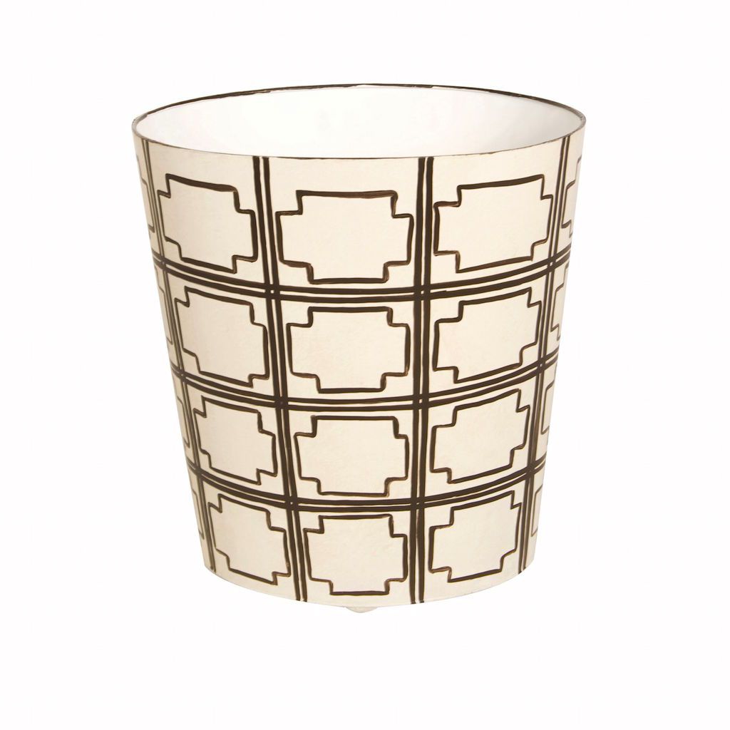 Worlds Away -  Oval Wastebasket with Cream &amp; Brown Squares | Fig Linens
