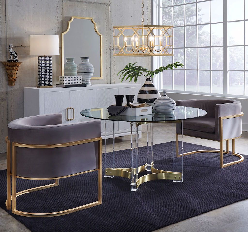 fig linens - hendrix antique brass dining table by worlds away - lifestyle shot