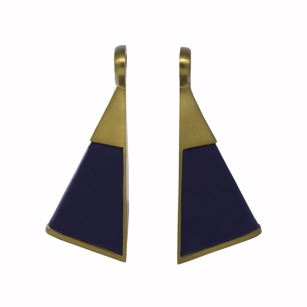 Fig Linens - Worlds Away - Hooper Antique Brass & Navy Faux Leather Bookends - Set of 2